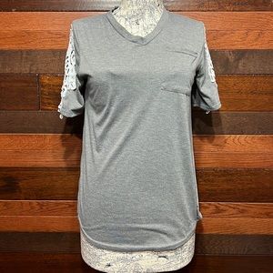 No Brand Tag V Neck Short Lacey Sleeve Tee Shirt